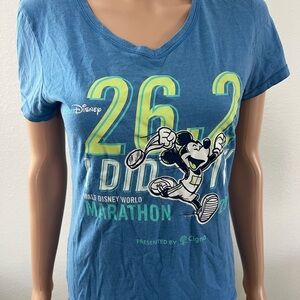 Disney Blue Mickey Marathon Graphic Tee with Neon Green Accents Sz S Gently Used